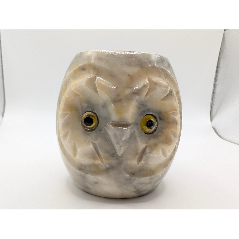 Vintage Hand Carved Italian Alabaster Owl Votive Pencil Holder Figurine